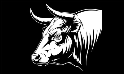 A powerful bull's head, rendered in stark black and white, commands attention with its intense gaze.