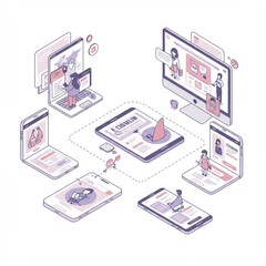 Naklejka premium Conceptual isometric illustration showing online shopping and social media interactions across multiple digital devices for e-commerce.