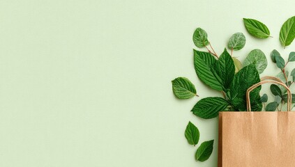 Light green background, paper bag, and fresh leaves