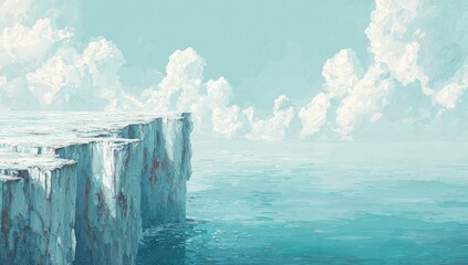 Frozen cliff overlooking a tranquil sea, pale sky