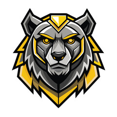 Fierce gray bear with yellow eyes stares intensely with a determined expression