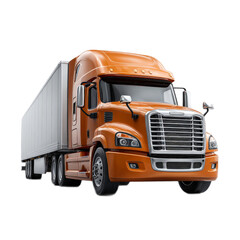 Bright Orange Semi Truck with Trailer Ready for Transport on Isolated Background, Detailed Vehicle Design and Modern Features