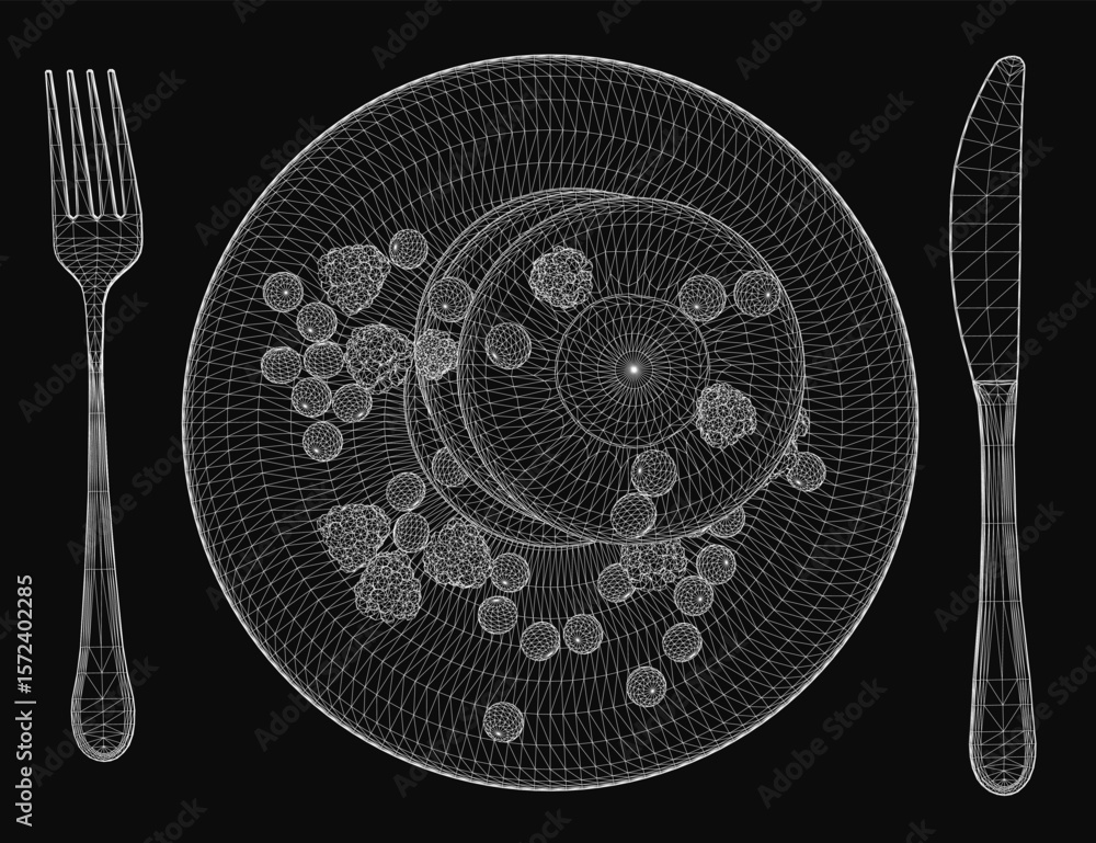 Aufkleber a 3d model of a plate with fork and knife, featuring cookies, isolated on a black background. the ut