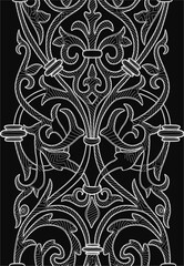 Intricate black and white floral design on a dark background, featuring detailed patterns and decorative elements. This printable adult coloring page showcases elegant ornamentation with varied.