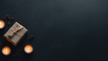 Gift box and candles on dark background