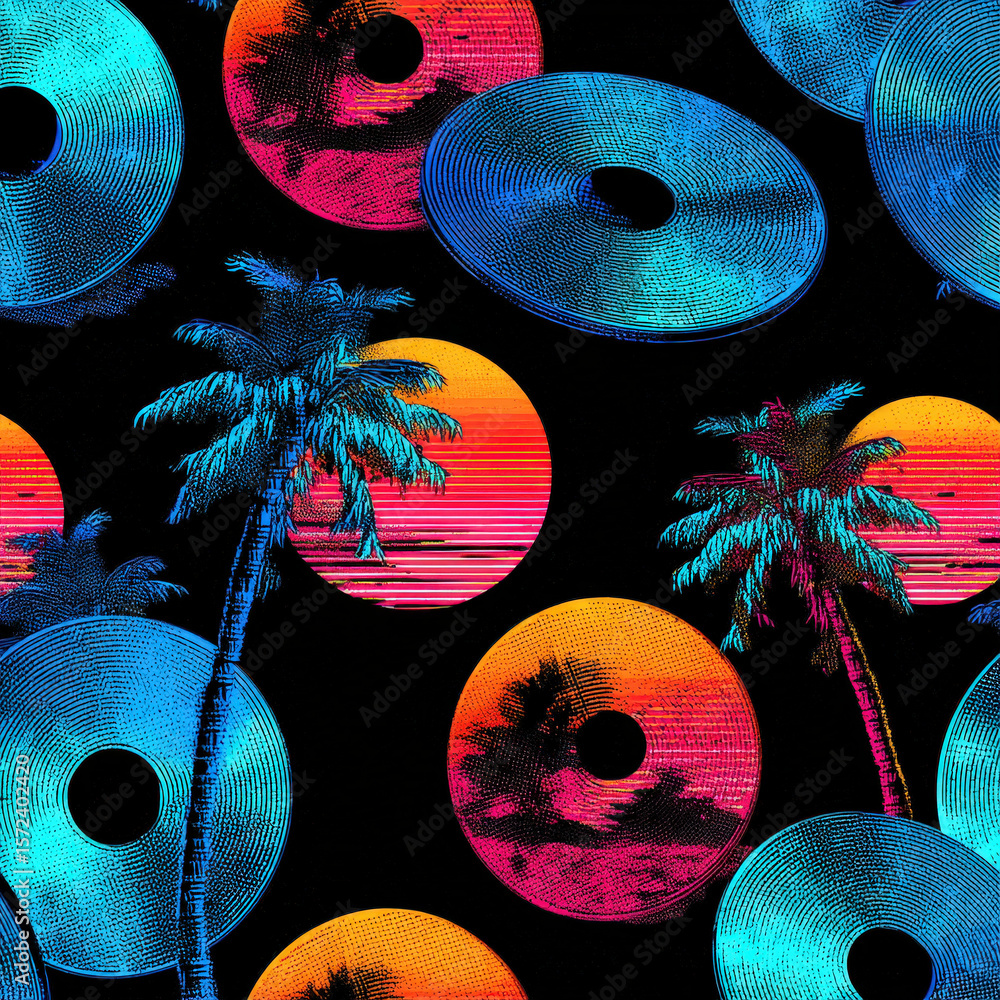 Poster vibrant seamless pattern featuring palm trees and colorful sunsets on a dark background
