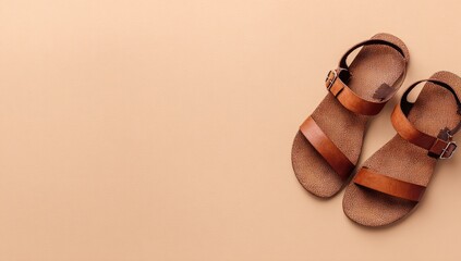 Light brown leather sandals on beige background