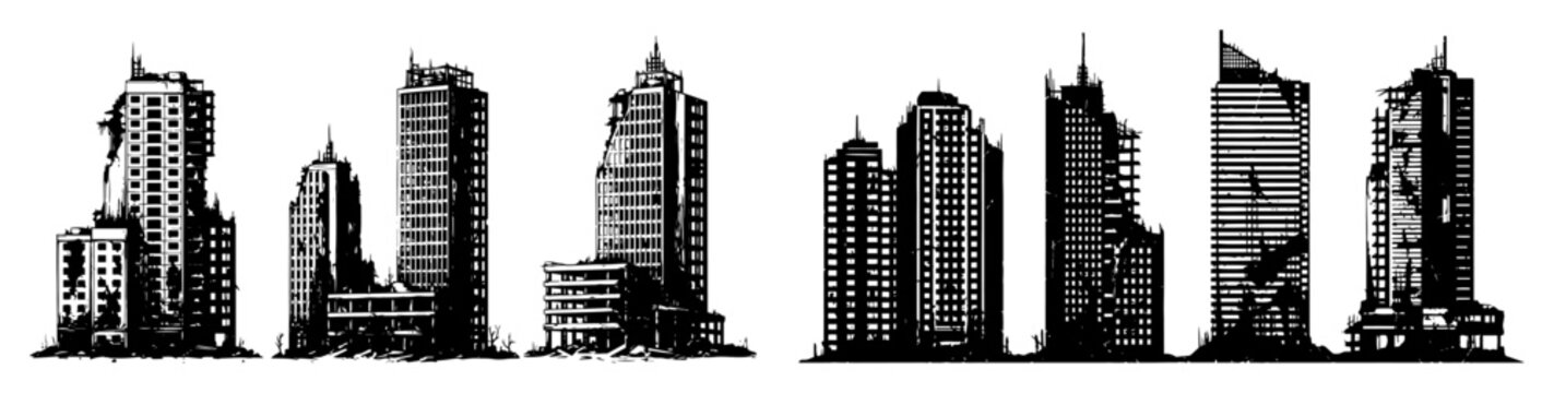 collection of modern and post-apocalyptic city buildings and skyscrapers