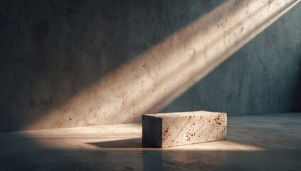 Light-drenched, beige marble block pedestal on a concrete floor