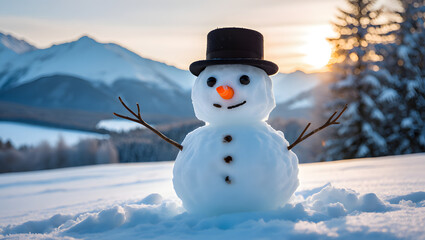 Obraz premium Happy cartoon snowman in a winter forest with a red hat and scarf, celebrating the holiday season with snowflakes and a carrot nose illustration