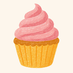A hand-drawn illustration of a pink frosting cupcake.