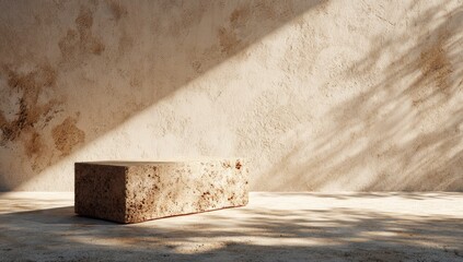 Beige stone block pedestal in sunlit room