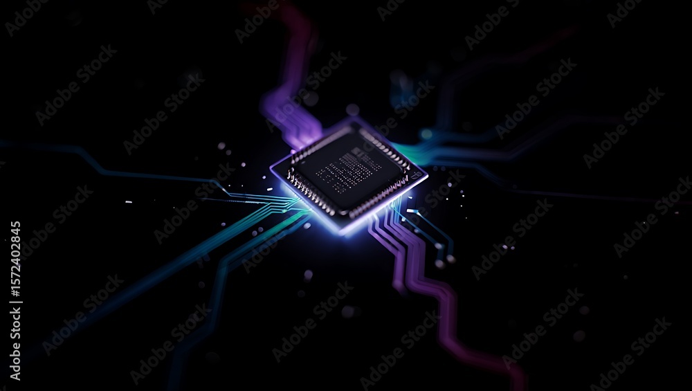 Poster illuminated microchip with vibrant circuit pathways radiating outwards from its center, a complex co