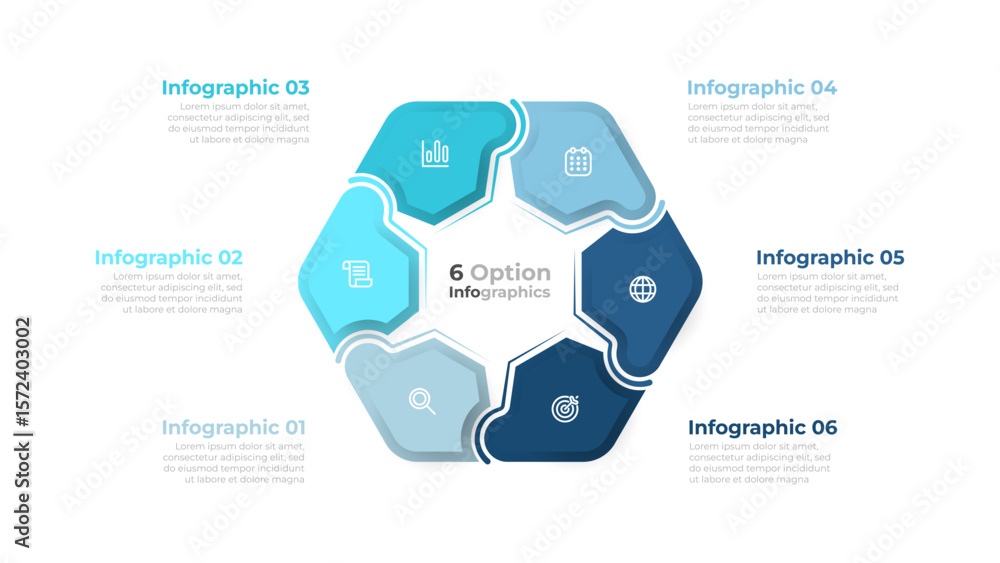 Poster modern 6 option hexagon infographic template. ideal for presenting business processes, workflow, ste
