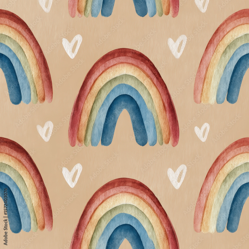 Poster pastel rainbow and tiny heart seamless pattern for delightful and charming design projects