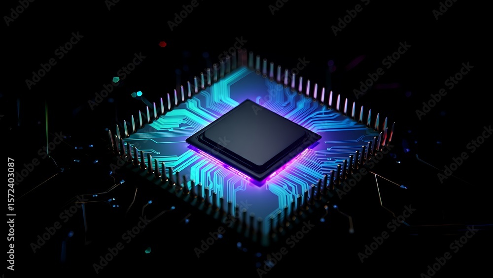 Poster macro photograph of cpu microprocessor, glowing intricate circuitry and modern technology innovation