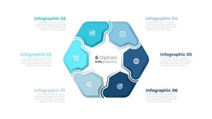 Modern 6 option hexagon infographic template. Ideal for presenting business processes, workflow, steps or options.
