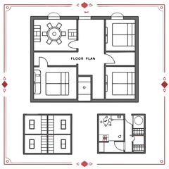 Architectural floor plans with furniture and decorative borders