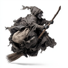  a hideous witch flying on a broomstick, white background