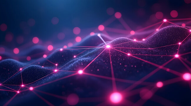 Minimalistic network of glowing pink nodes and lines on dark background with soft bokeh effect creating futuristic digital connection