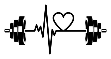 barbell with cardio heartbeat and heart for fitness and gym lovers logo