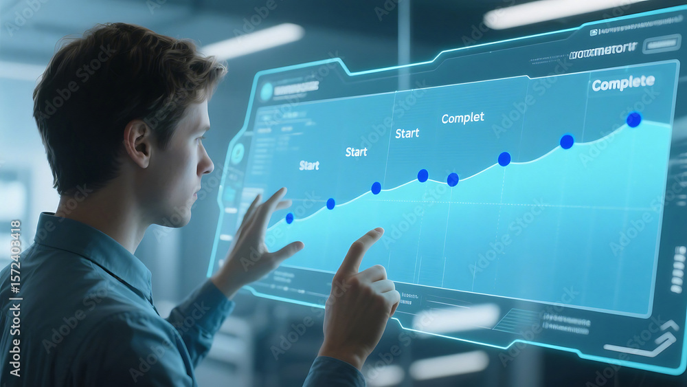 Poster young man interacting with a futuristic holographic display showing a progress chart diagram