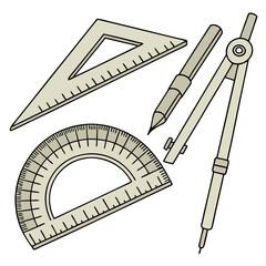 Beige drafting tools protractor triangle compass pencil