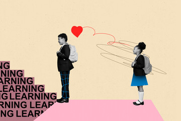 Image poster trend collage of happy classmates schoolboy schoolgirl stand together school holiday...