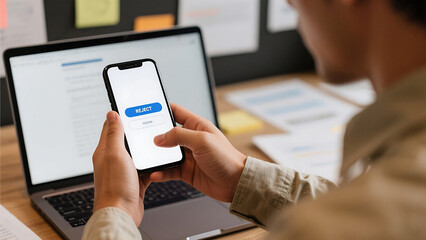 Person holding smartphone with reject button in front of laptop on a wooden table top view