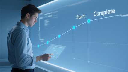 Man interacting with digital interface showing start and complete on a rising line graph