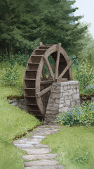 Beautifully Illustrated Watermill in a Lush Green Landscape, Capturing the Essence of Tranquil Rural Life and Scenic Natural Beauty