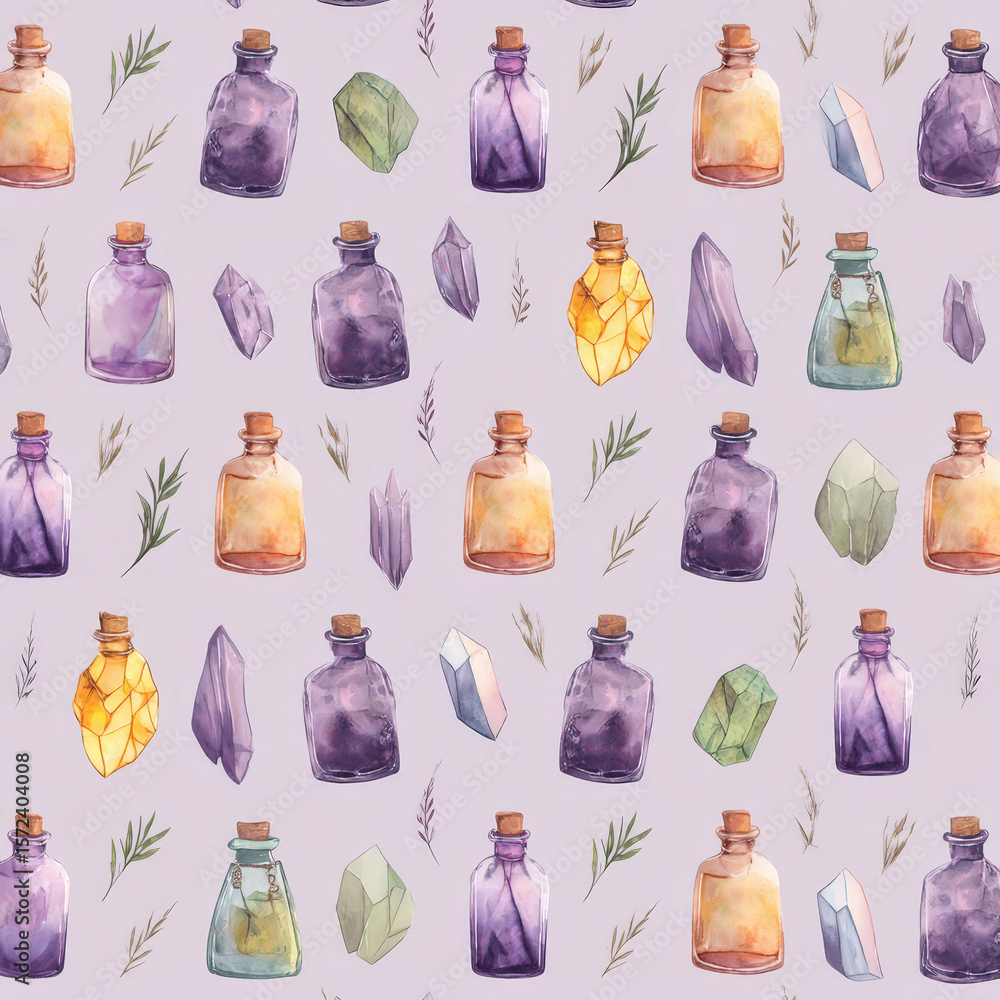 Poster seamless pattern featuring colorful potion bottles and crystals on a subtle purple background