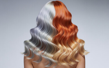 Woman with two tone hair color split dye in silver and fiery orange waves