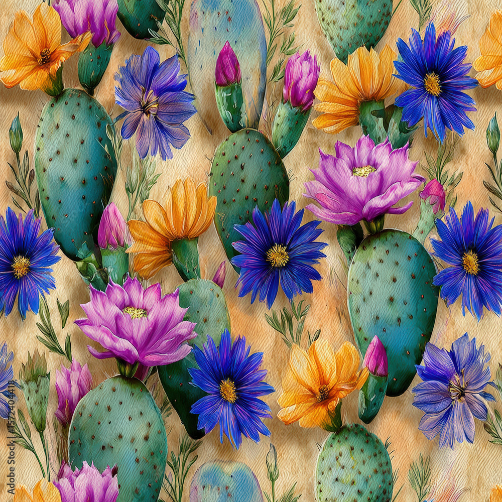 Poster seamless pattern featuring prickly pear cactus with vibrant blooms and colorful flora