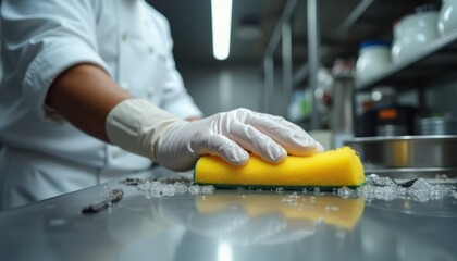 Chef Cleaning Kitchen Counter with Sponge and Gloves Maintaining Hygiene in a Professional Kitchen