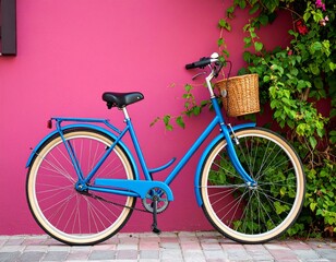 Bright Blue Bicycle Against Pink Wall with Urban Greenery