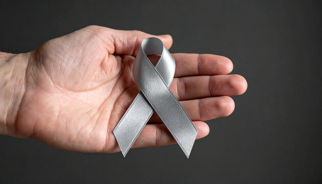 Hand holding gray awareness ribbon. Brain cancer, diabetes awareness.
