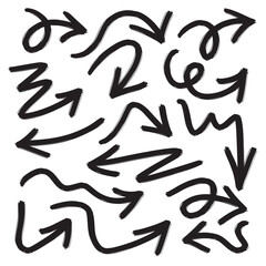 Set of Hand drawn vector arrows doodle on white background. Bold brush drawn arrows.