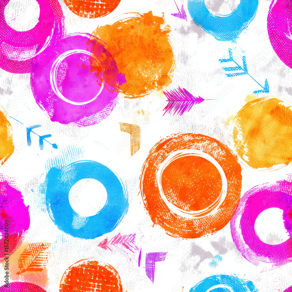 Poster colorful random ink doodle pattern with arrows and circular shapes in vibrant hues on a light backgr