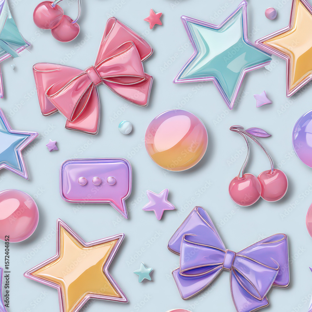 Poster seamless pastel pattern with random icons including bows, stars, and circular shapes on soft backgro