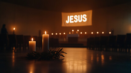 Naklejka premium Candles illuminate a tranquil space, casting soft light on the word 