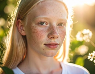 Freckled Teen Girl with Albinism in Soft Sunset Light