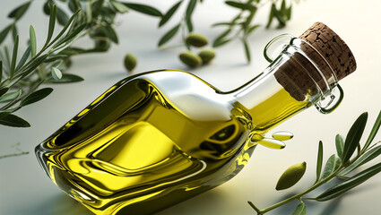 Rectangular Olive Oil Bottle Surrounded by Floating Green Olives, Olive Leaves, and Textured Corks in a Stylish Natural Light Product Setup