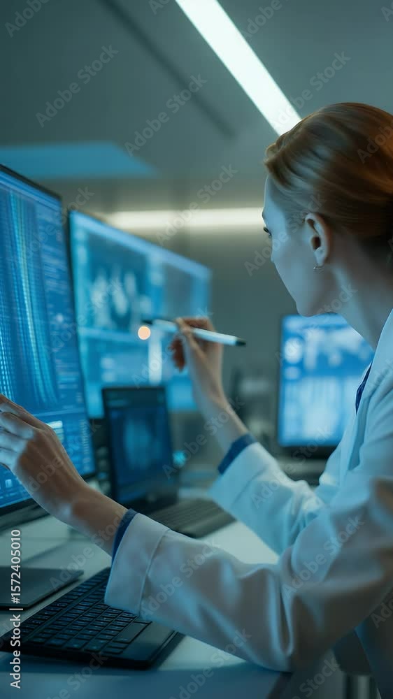 Poster scientific insight: a dedicated scientist is engrossed in analyzing data on a high-tech computer set