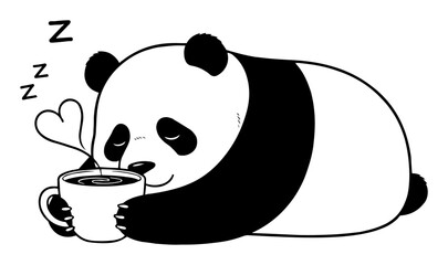 sleeping panda bear with coffee cup monochrome vector illustration © Camel