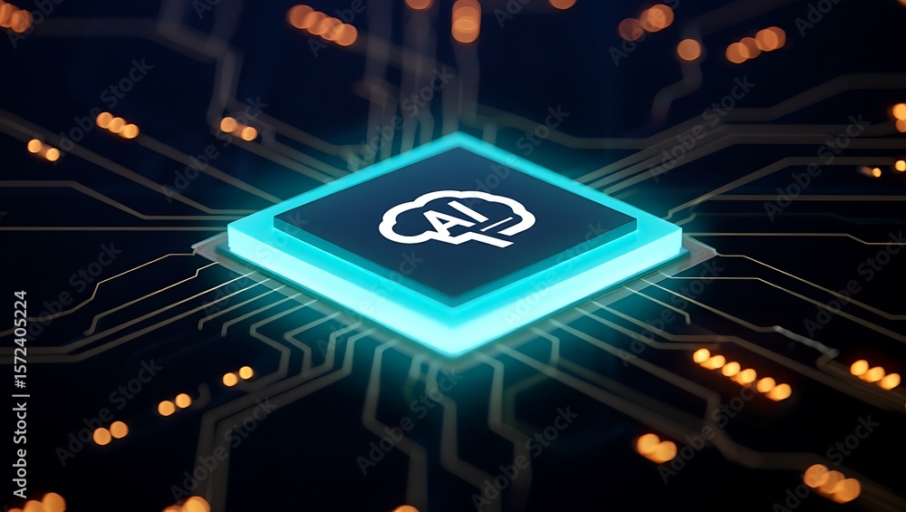Poster artificial intelligence concept on a computer chip, the future of technology: ai chip powering the d