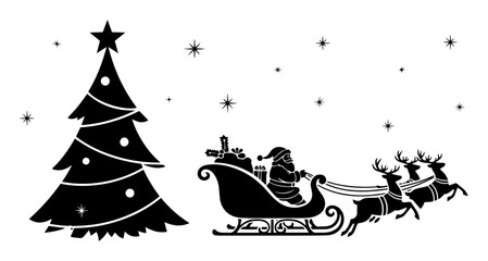 Naklejka premium santa claus sleigh and reindeer christmas vector silhouette