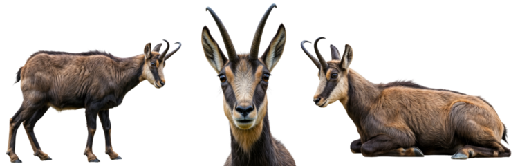 a collection of beautiful chamois (Rupicapra rupicapra) in various poses, standing, portrait and lying