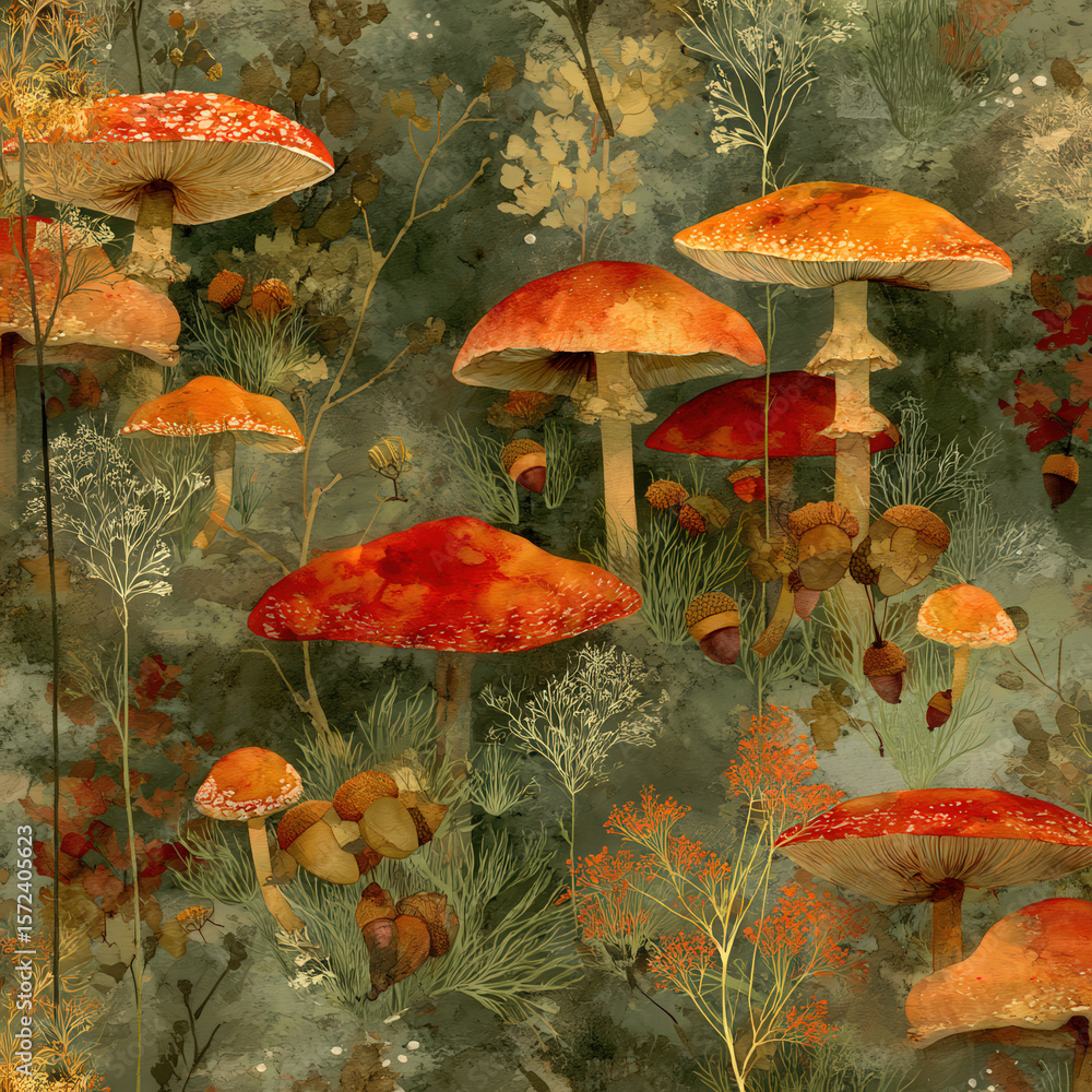 Poster seamless pattern featuring red toadstools and brown mushrooms on a textured background with greenery