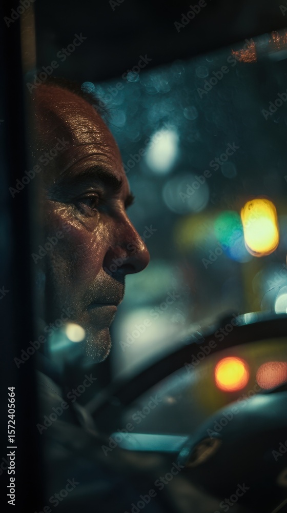 Poster a moody image highlighting the intense concentration of a bus driver with a blurred view of the stee